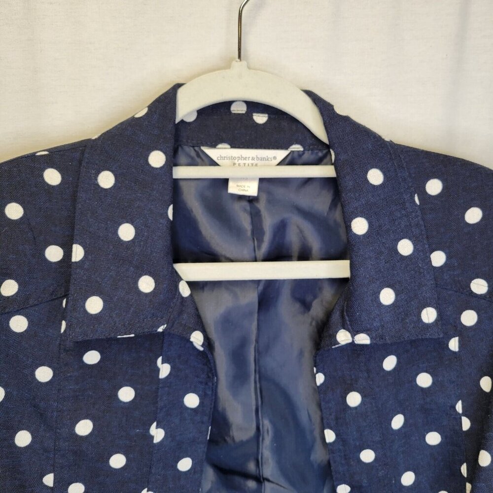 Christopher & Banks Petite Small Jacket Blue White Polka Dot Open Front - Picture 3 of 6